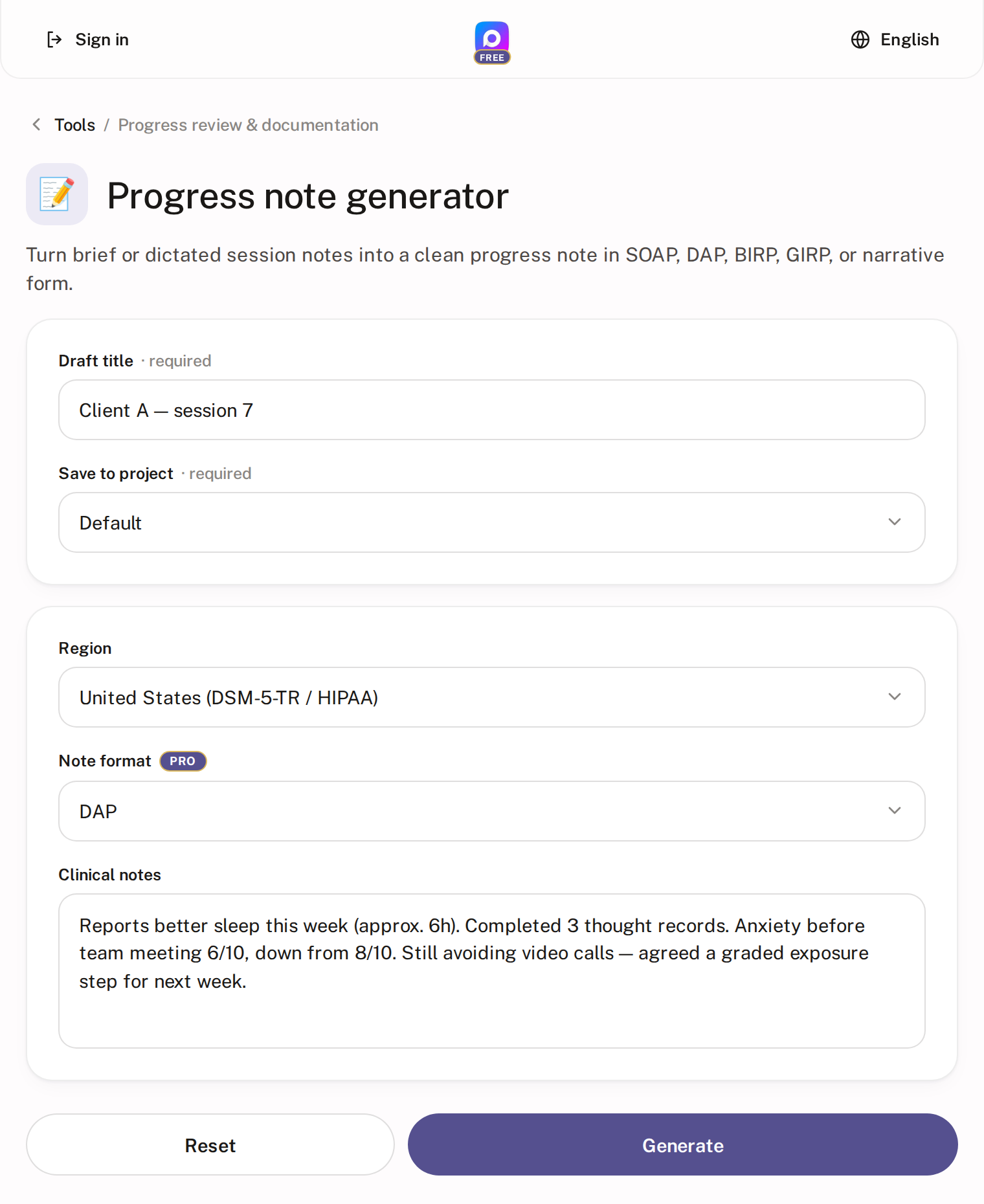 The Progress note generator with fields for region, note format and clinical notes